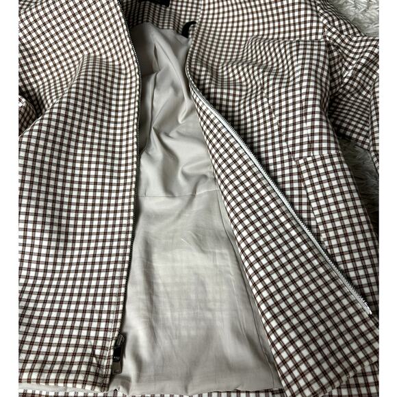 Theory Check Peplum-Back Sculpture Jacket Ivory Tan Grid Stretch Women's Size 10 - Picture 6 of 9
